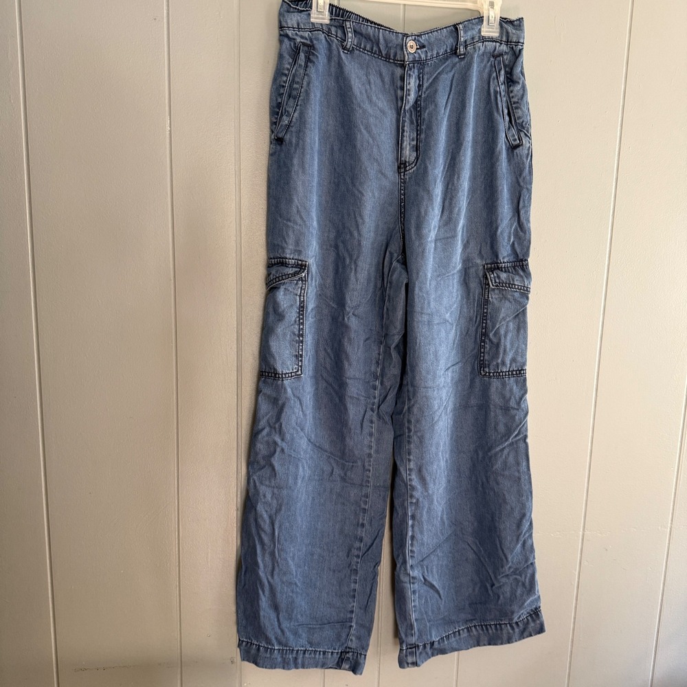 Happily Grey Women Blue Chambray Cargo Wide Leg Pants Elasticated Waist Sz 9/29